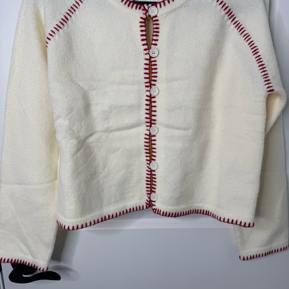 &merci Cream Button-Front Cardigan with Red Contrast Trim small - Picture 3 of 8